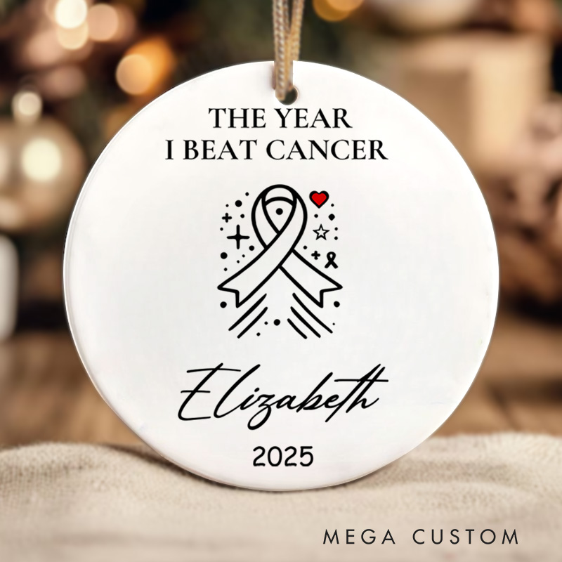 Personalized The Year I Beat Cancer Ribbon and Stars Design Milestone Christmas Ornament for Hope