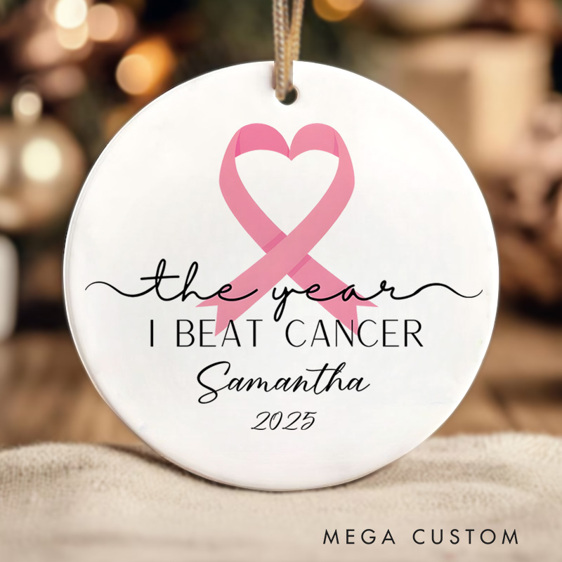 Personalized The Year I Beat Cancer Heart Symbol Design Celebration Christmas Ornament for Strength Breast Cancer Survivor Gift