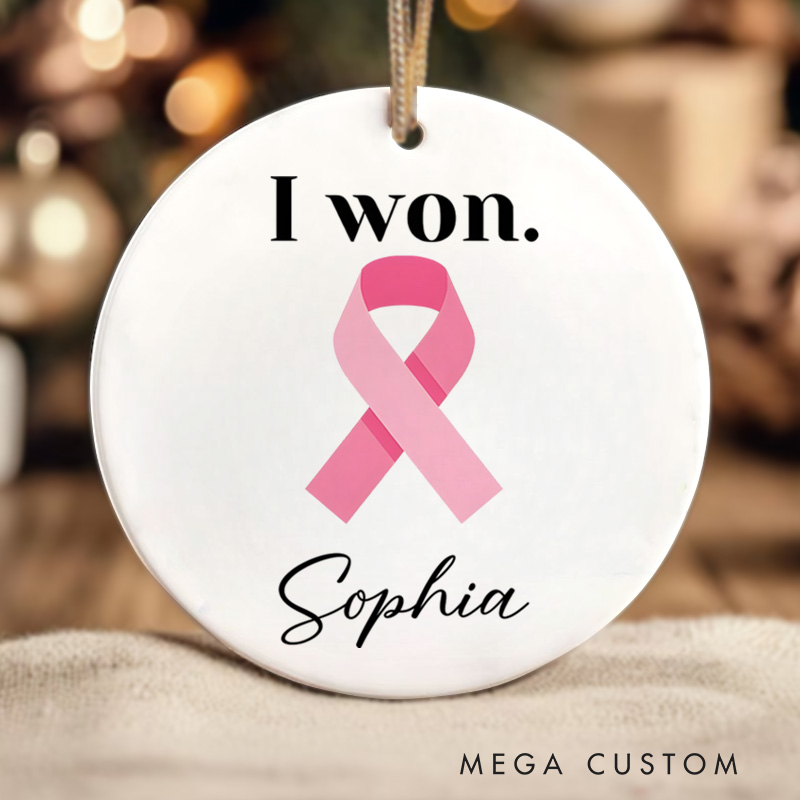 Personalized I Won Pink Ribbon Design Cancer Victory Celebration Christmas Ornament for Survivors