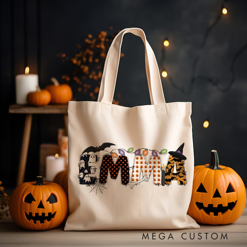 Personalized Kids Halloween Tote with Name Girl Boy Goodie Trick Or Treat Tote Bag For Kids Gift for Halloween