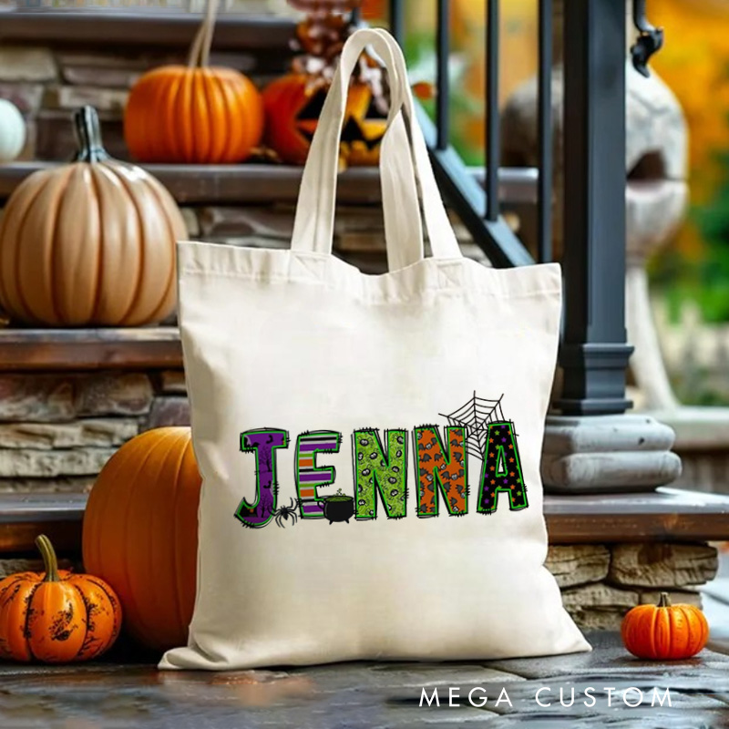 Personalized Halloween Canvas Tote Bag Kids Trick-Or-Treat Bag School Halloween Kids Gift Toddler Goodie Food Bag 