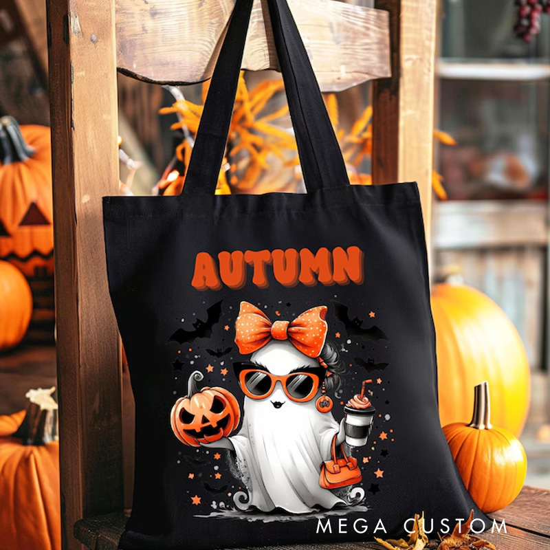 Personalized Trick or Treat Tote Bag Halloween Bag for Trick or Treating Cute Girl Ghost with Bow Bag for Candy