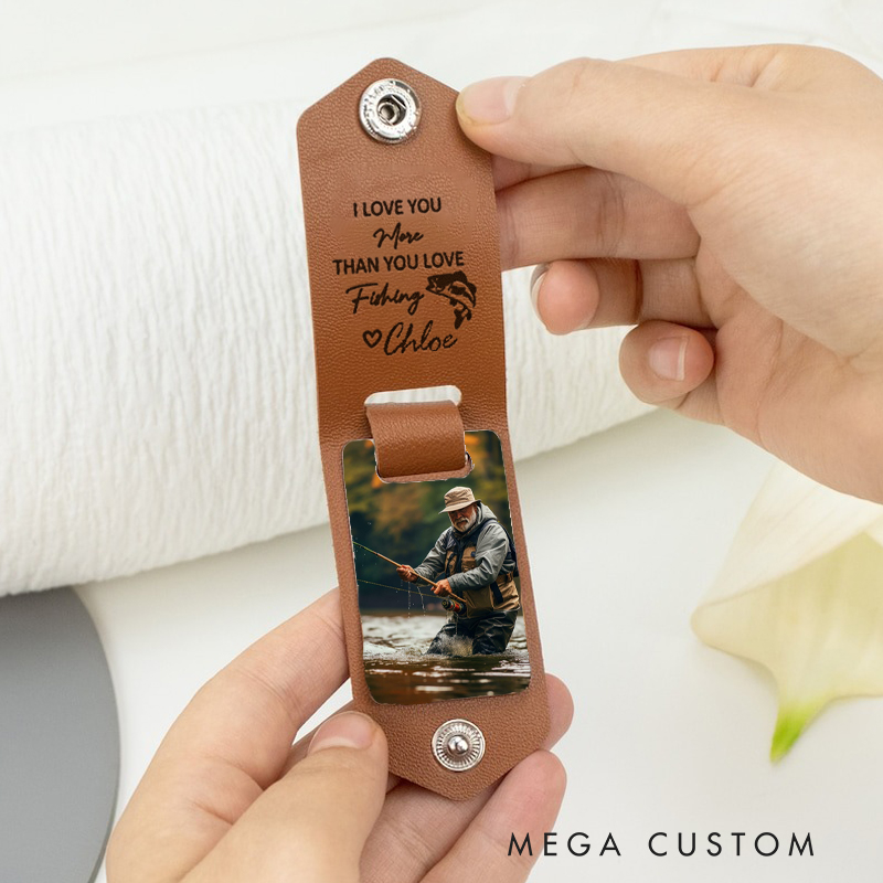 Personalized Leather Photo Keychain I Love You Key Chain Gift for Fishing Lover