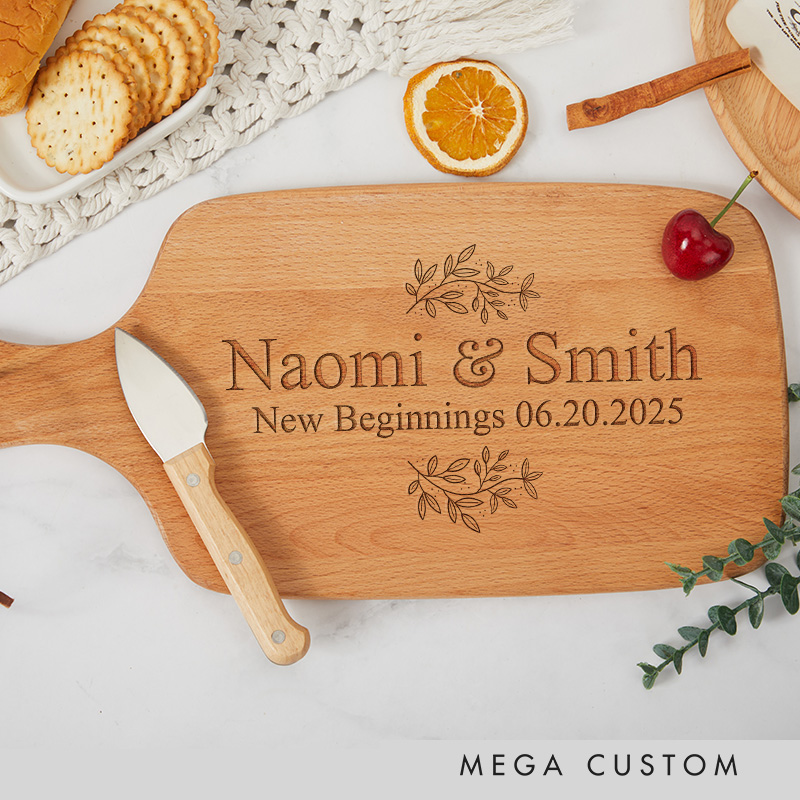 Personalized Custom Engraved Wooden Cutting Board with Floral Design for Couples