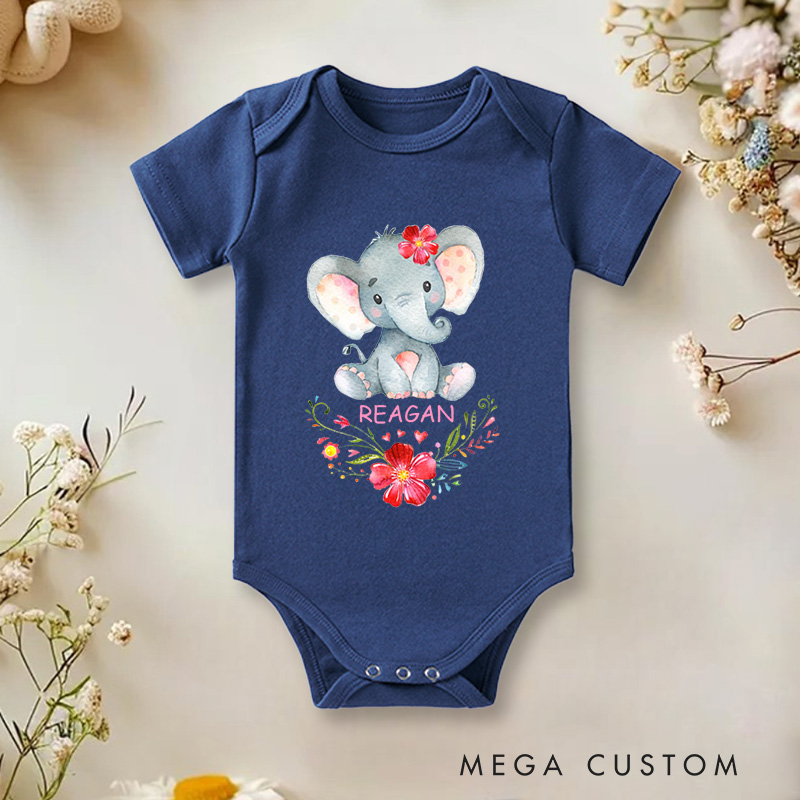 Personalized Adorable Floral Elephant Cute Watercolor Design with Flowers Perfect for Kids and Baby Onesie