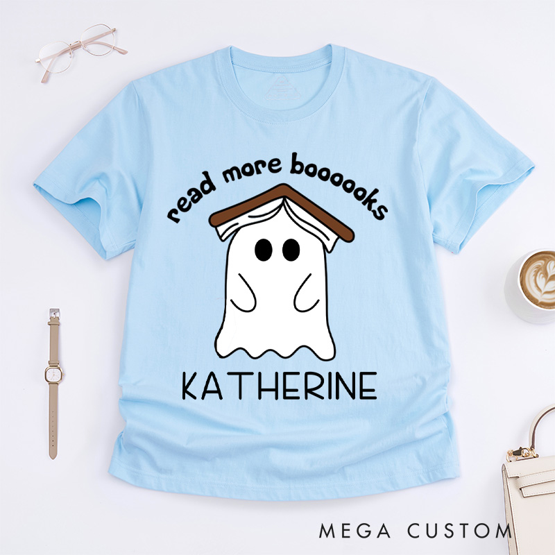 Personalized Ghost Book Classic T-Shirts Fall Spooky Season Tshirt Book Lover Shirt Cute Reading Ghost Shirt Halloween Gift Librarian Gift