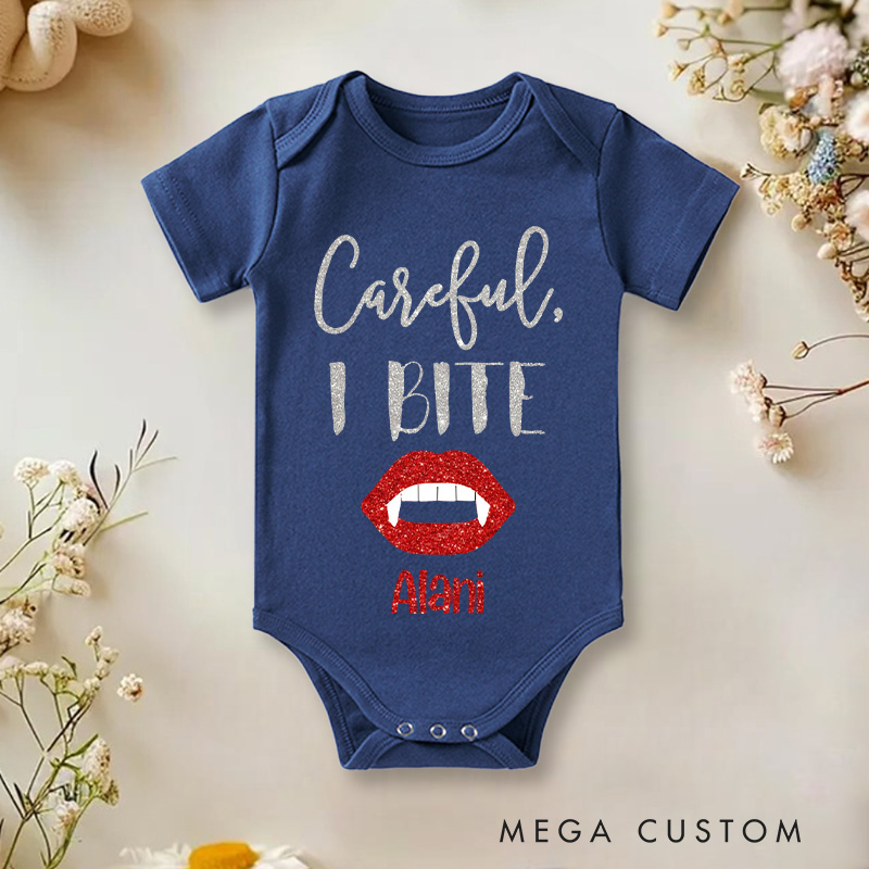 Personalized Careful I Bite Halloween Vampire Baby Onesie 1st Halloween Baby Gift