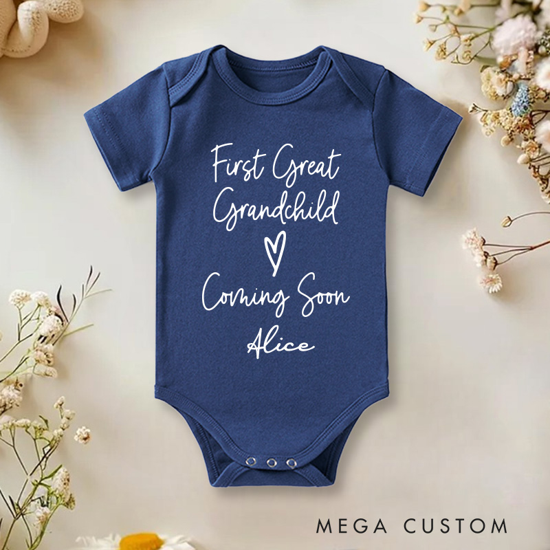 Personalized First Great Grandchild Announcement Baby Onesie Pregnancy Reveal Gift