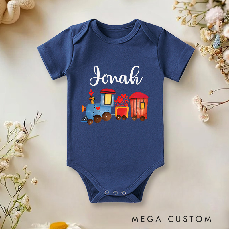 Personalized Valentine's Train Design with Hearts Baby Onesie Funny Baby Gift