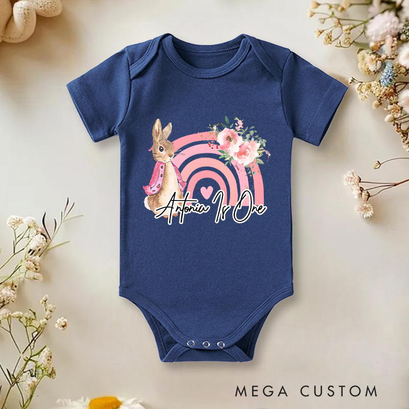Personalized Rabbit Rainbow 1st Birthday Bodysuit Baby Onesie Funny Baby Girl Gift
