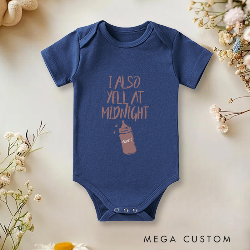 Personalized I Also Yell at Midnight Funny and Playful Baby Bottle Baby Onesie