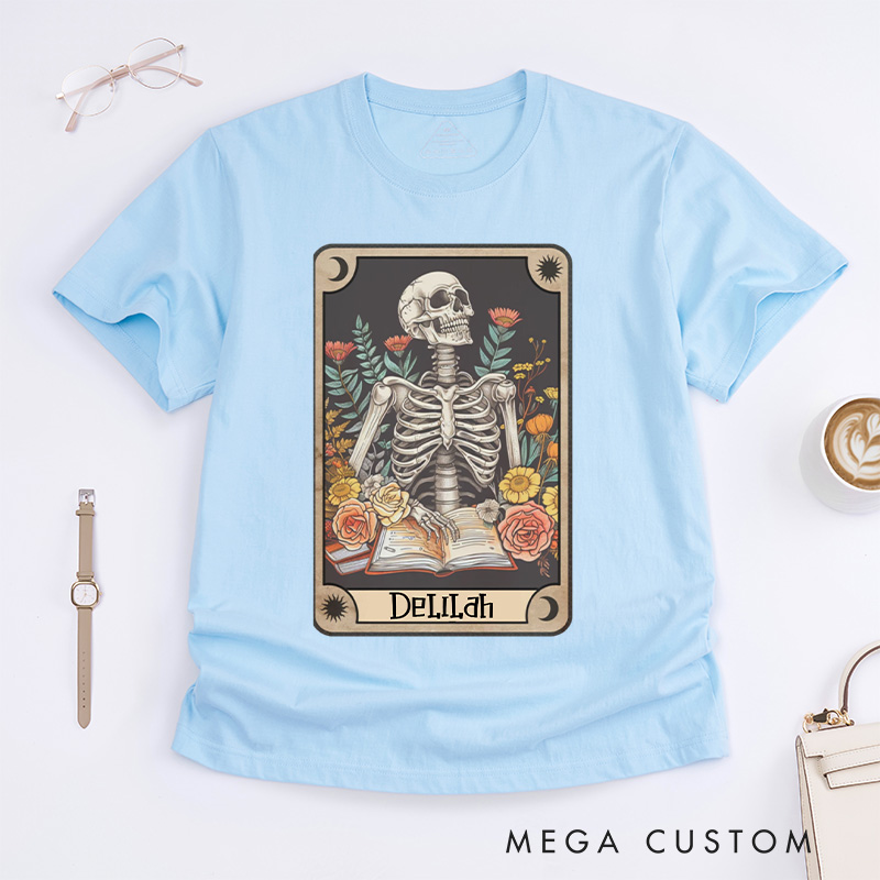 Personalized The Reader Tarot Card Classic T-Shirts Skeleton Reading Shirt Unisex Tarot Card Shirt Book Lover Gift Bookish Gift