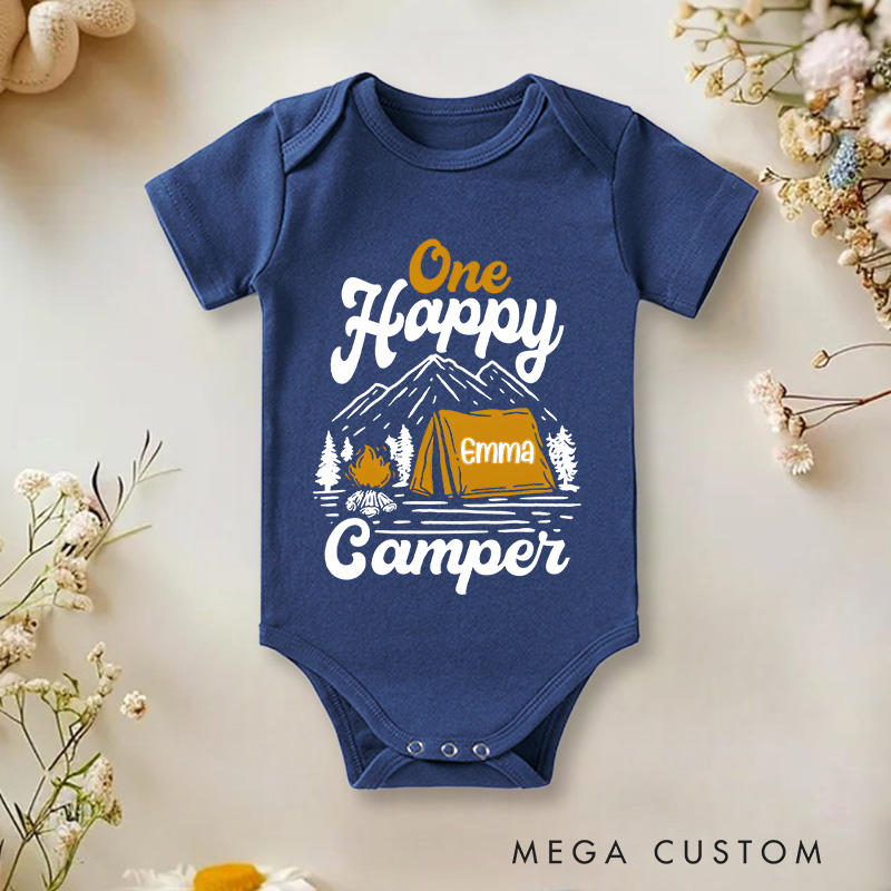 Personalized One Happy Camper Tent and Mountain Baby Onesie
