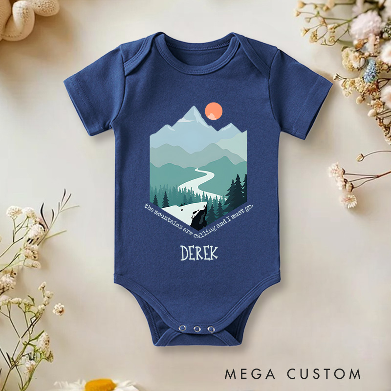 Personalized Derek Mountain and Path Adventure Art Baby Onesie Travel Baby Gift