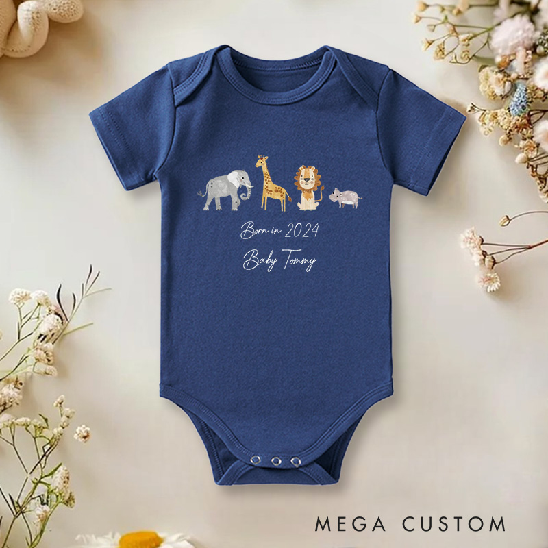 Personalized Born in Baby Jungle Animal Theme Cute and Whimsical Baby Onesie  