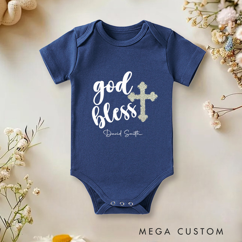 Personalized God Bless Name Elegant Glittery Baptism Celebration Baby Onesie  