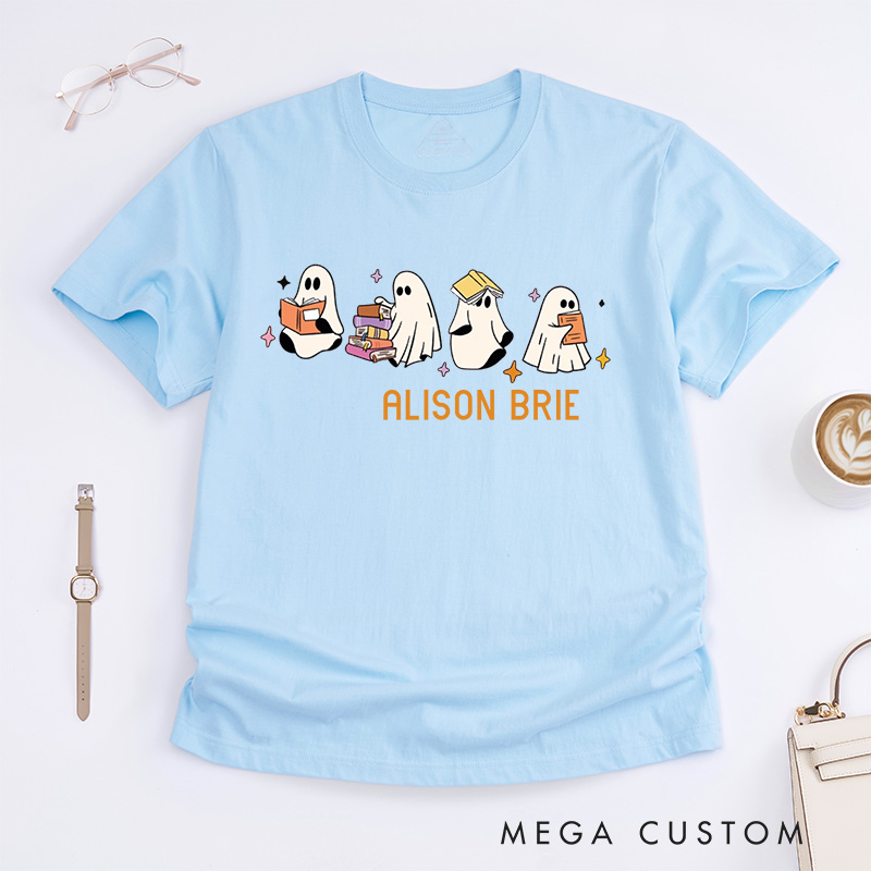Personalized Ghosts Reading Books Classic T-Shirts Reading Fans Tee Cute Little Ghost Shirt Spooky Season Shirt Book Shirt Customized Name Shirt Gift for Books Lover