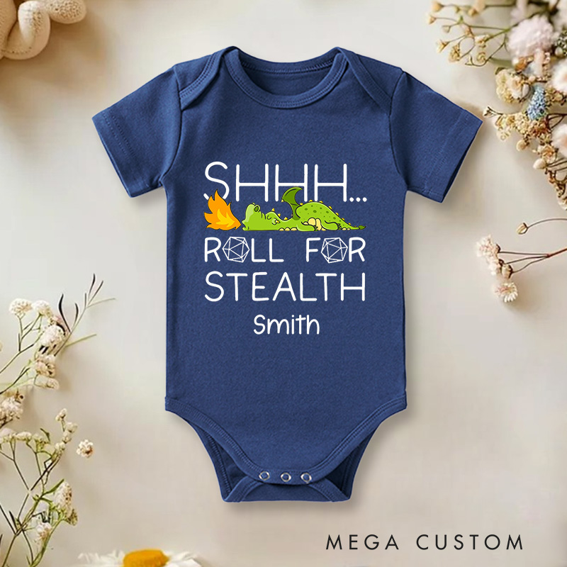 Personalized Shhh... Roll for Stealth Fun Dragon and Dice Gaming Design Baby Onesie