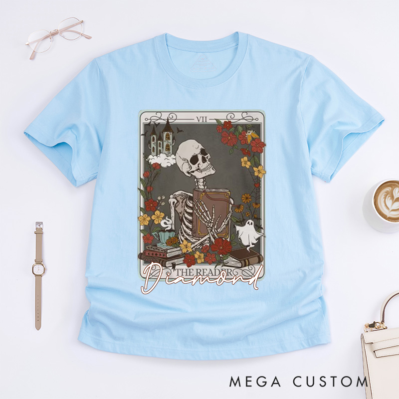 Personalized the Reader Tarot Card Crewneck Classic T-Shirts Skeleton Shirt Book Lover Shirt Bookish Shirt Librarian Shirt Reading Shirt