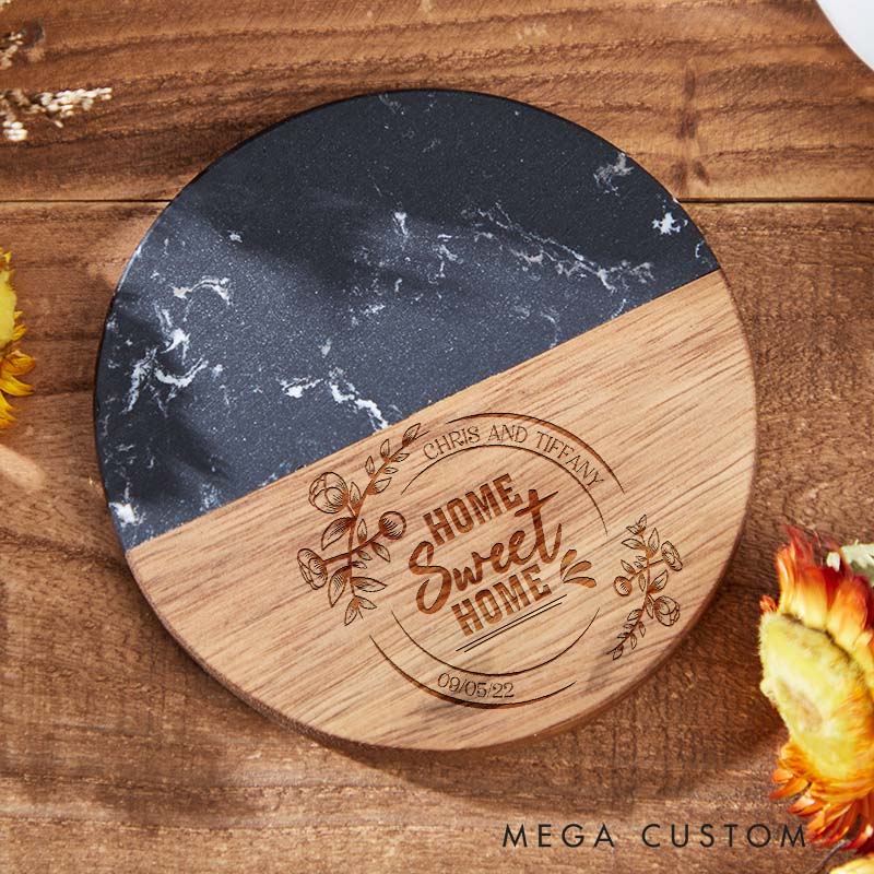 Personalized Marble and Wood Coaster Housewarming Gift New Home Gift for Couple Custom Engraved Wedding Coasters Moving Gifts Housewarming Celebration
