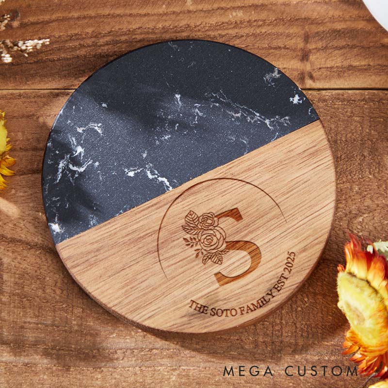 Personalized Floral Monogram Coaster Custom Marble and Wood Coaster Housewarming Gift New Home Gift for Couple Wedding Gift Housewarming Party Gift