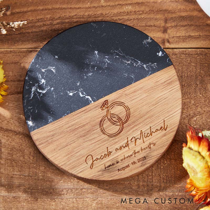 Personalized Marble and Wood Coaster Home Is Where the Heart Is Our First Home Gift for Couple Custom Engraved Wedding Coaster Housewarming Party Gift