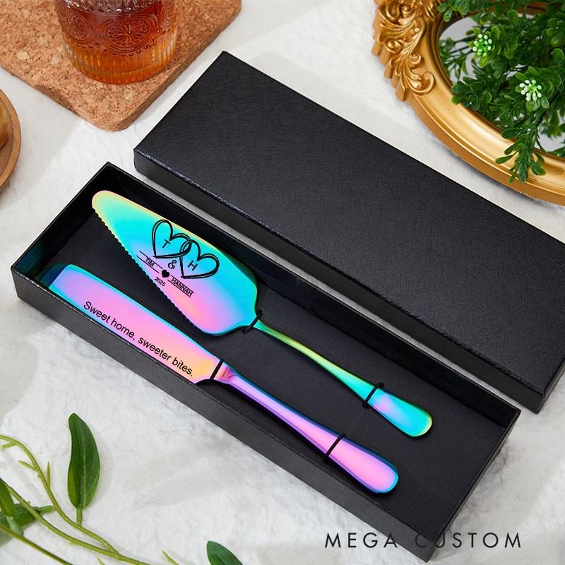 Personalized Cake Knife and Server Set Sweet Home Sweeter Bites Custom Housewarming Gift New Home Dining Accessories Heart Design for Couples