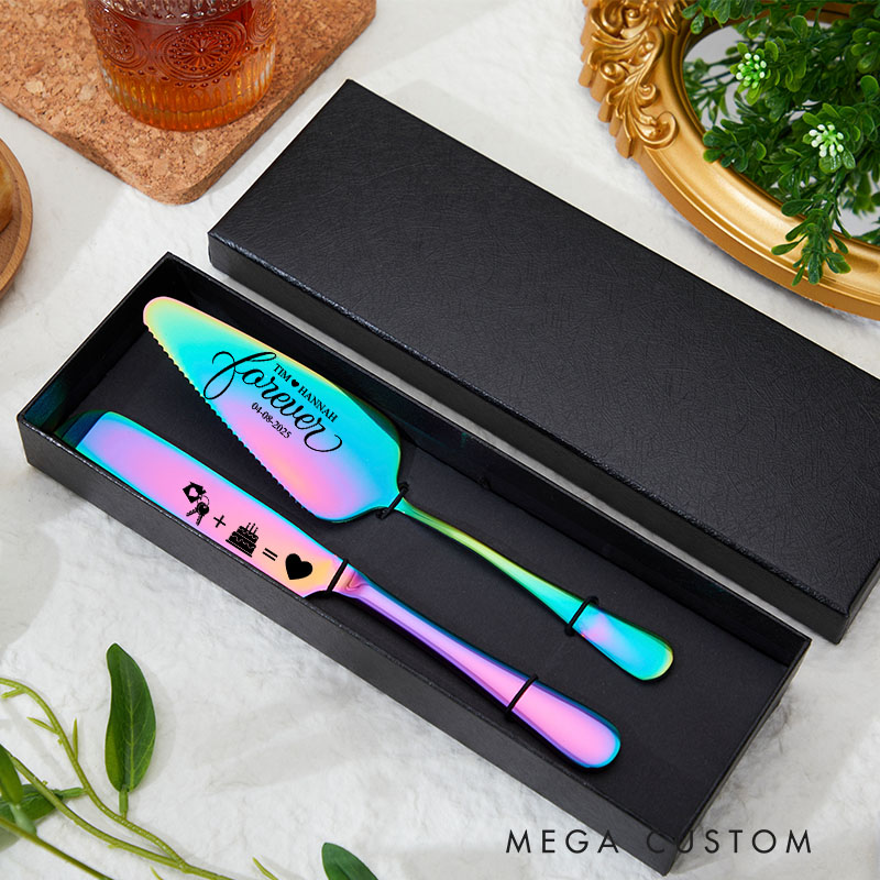 Personalized Cake Knife and Server Set Forever Love Custom Housewarming Gift New Home Dining Accessories Unique Design with Symbols for Couples