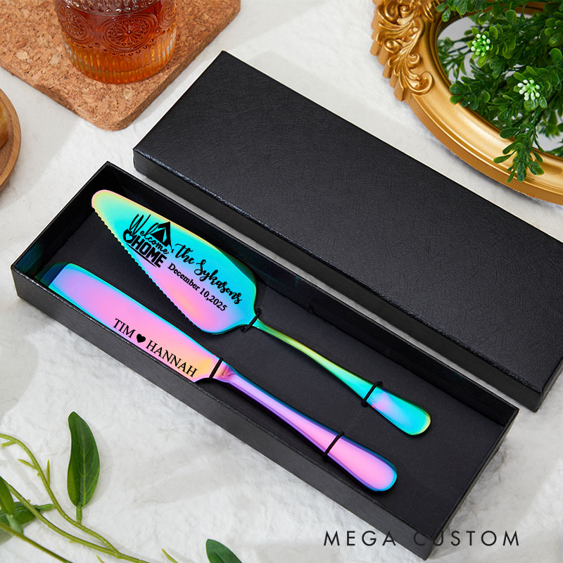 Personalized Cake Knife and Server Set Welcome Home Design Custom Housewarming Gift New Home Dining Accessories with Heart and Housewarming Theme