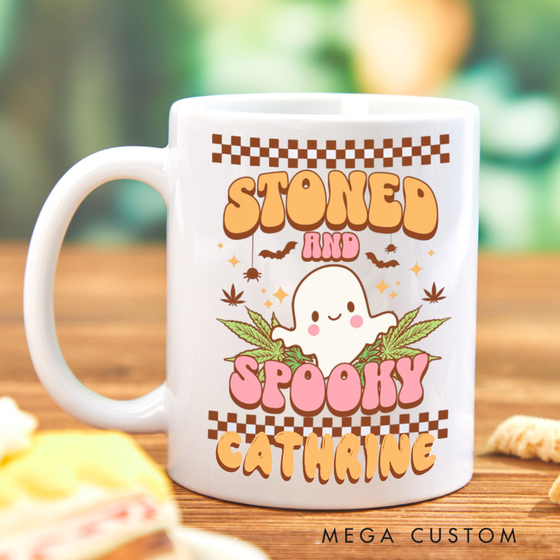 Personalized Stoned and Spooky Mugs Halloween Ceramic Mug with Name Ghost and Pumpkin Coffee Mug for Baking Lover Gift