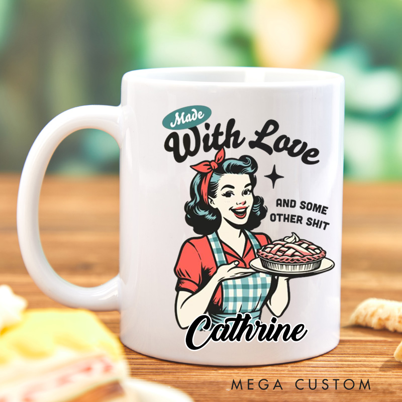 Personalized Made with Love Mugs Retro Pie Maker Coffee Mug with Name Vintage Baker Coffee Cup for Baking Lover Gift