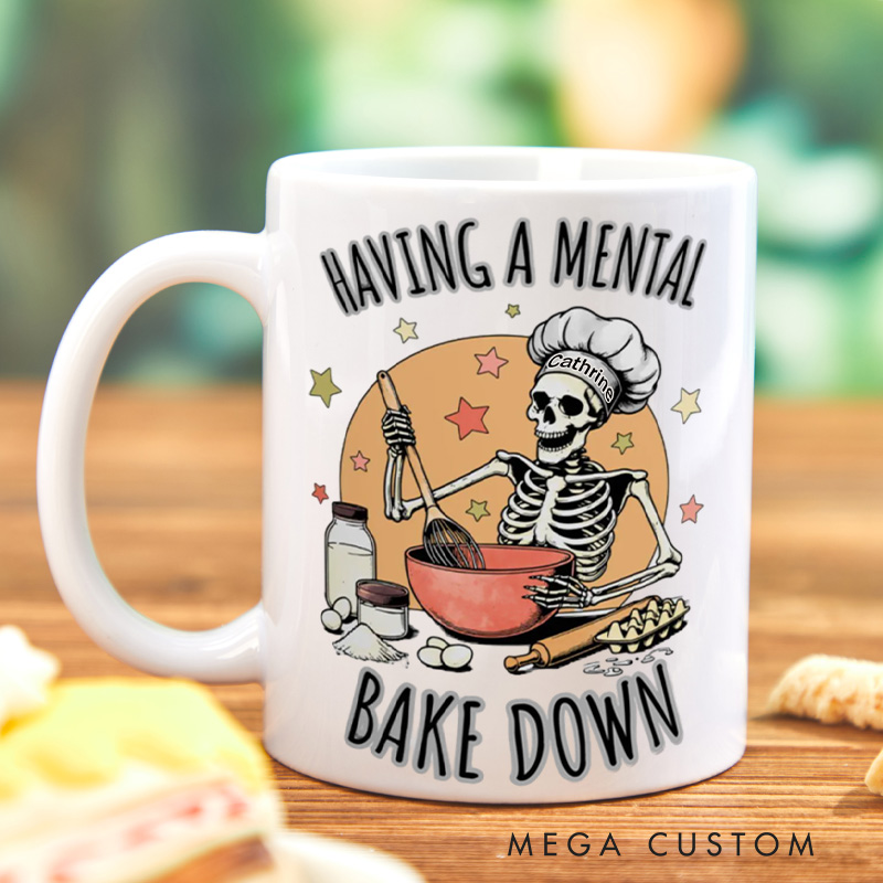 Personalized Having a Mental Bake Down Mugs Custom Skeleton Baker Cup with Name Halloween Baking Coffee Mug for Baking Lover Gift