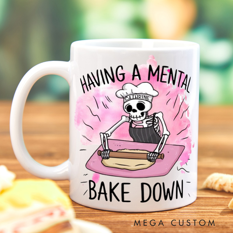 Personalized Having a Mental Bake Down Mugs Custom Halloween Skeleton Baking Cup with Name Baker Coffee Mug for Baking Lover Gift