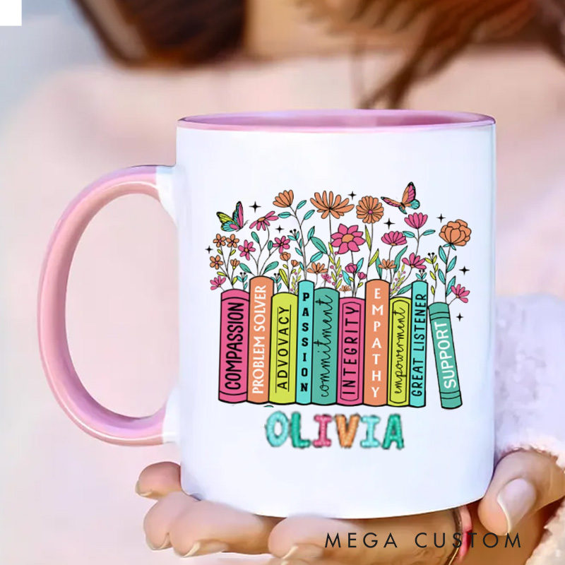 Personalized Floral Book Mug 11oz Ceramic Reading Accent Mug with Name for Bookworm Bookish Coffee Cup Book Lover Gift