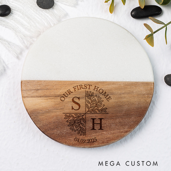 Personalized Coasters Custom Marble and Wood Coaster Stylish Housewarming Gift for New Beginnings Wedding Gift Our First Home for Couple