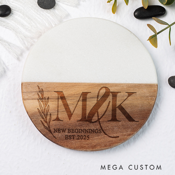 Personalized Custom Marble and Wood Coaster Engraved Engagement Gift for Couple New Home Gift Stylish Housewarming Gift to Celebrate Fresh Starts