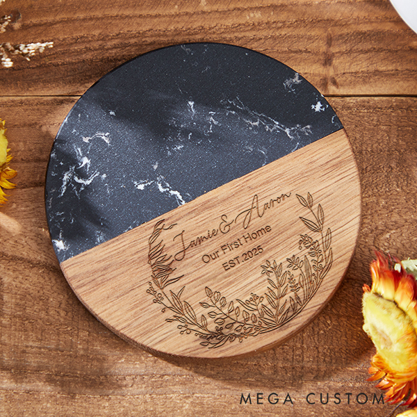 Personalized Coasters Custom Marble and Wood Coaster Floral Wreath Our First Home Coaster Wedding Housewarming Gift New Home Gift Anniversary Gift