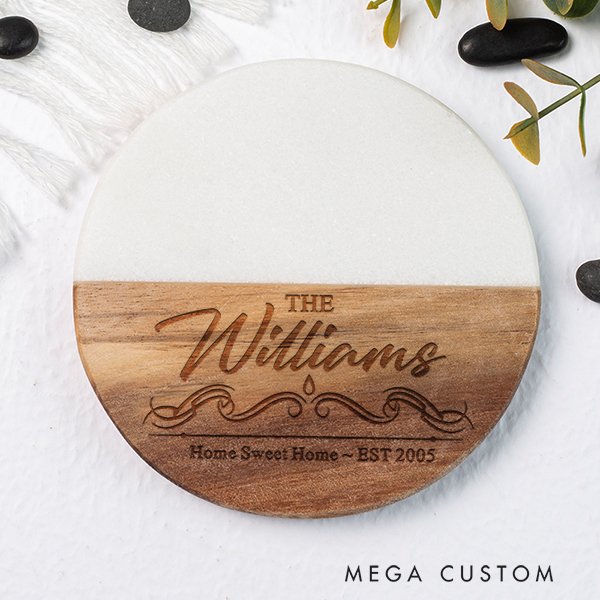 Personalized Coasters Wedding Housewarming Gift Custom Marble and Wood Coaster Engraved Home Sweet Home Couple Gift New Home Gift Moving Gifts
