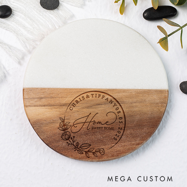 Personalized Engraved Marble and Wood Coaster Housewarming Gift New Home Gift for Couple Custom Wedding Coasters Moving Gifts Housewarming Keepsake