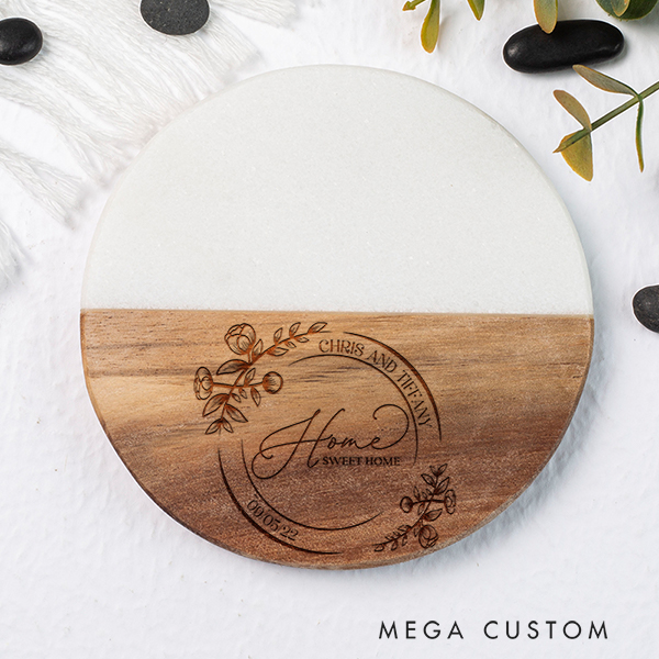 Personalized Marble And Wood Coaster Elegant Floral Home Coaster Housewarming Gift New Home Gift for Couple Housewarming Party Gifts Home Sweet Home