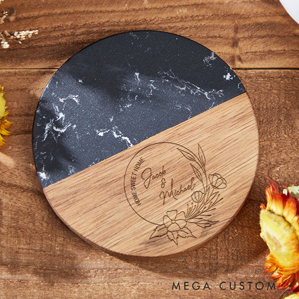 Personalized Marble and Wood Coaster New Home Gift for Couple Custom Engraved Wedding Housewarming Coasters Moving Gifts Home Sweet Home Gift