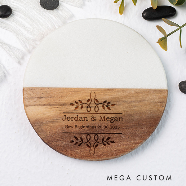 Personalized Marble and Wood Coaster Elegant New Beginnings Coaster Wedding Housewarming Gift Engraved Engagement Gift for Couple New Home Gift