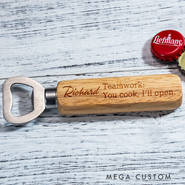Personalized Wooden Bottle Opener Custom Engraved Bottle Opener Teamwork Bottle Opener Personalized and Fun Keepsake for Housewarming Celebrations