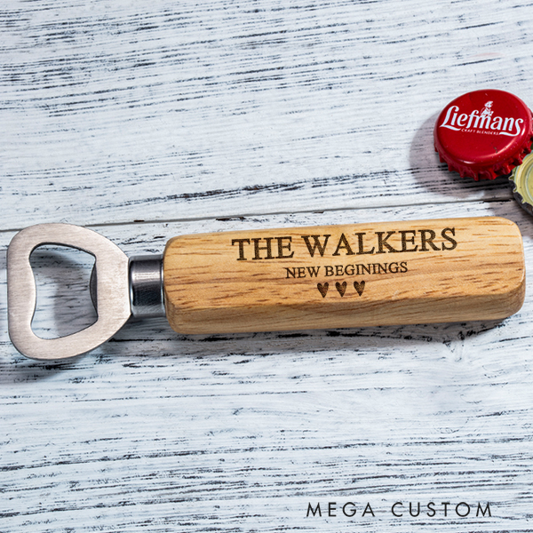 Personalized Wooden Bottle Opener New Beginnings Bottle Opener Personalized Keepsake for Heartfelt Housewarming Moments Wedding Bride and Groom Gifts