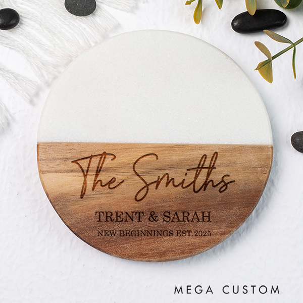 Personalized Marble and Wood Coaster New Beginnings Coaster Stylish And Thoughtful Housewarming Gift New Home Gift for Couple Anniversary Gift