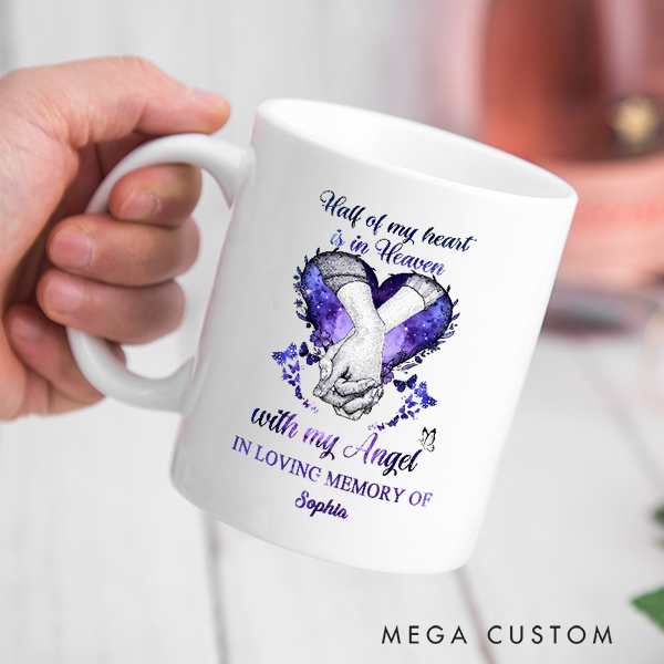 Personalized Memorial Mug for Loss of Loved One Half Of My Heart Is In Heaven With My Angel Remembrance Cup Funeral Gifts 