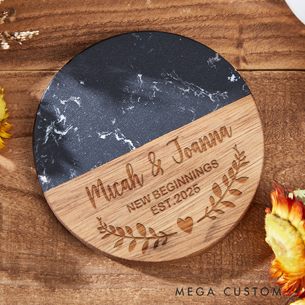 Personalized Coasters Custom Marble and Wood Coaster Wedding Housewarming Gift New Home Gift for Couple 2025 New Beginnings Coasters Anniversary Gift