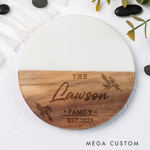 Personalized Botanical Family Coaster Custom Marble Wooden Coaster Housewarming Gifts Anniversary Gift for Couples New Home Gift Christmas Gifts