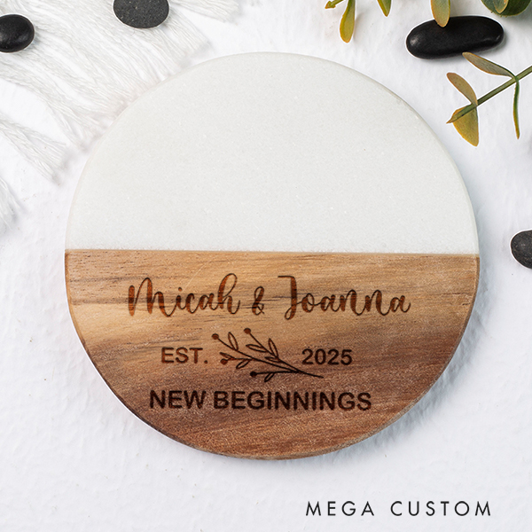 Personalized Coasters Elegant New Beginnings Coaster Custom Marble and Wood Coaster Wedding Housewarming Gift New Home Gift for Couple 2025