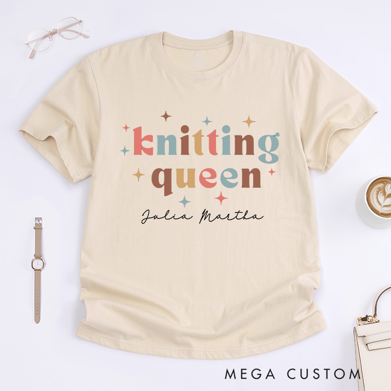 Personalized Knitting Queen Classic T-Shirts Knitter Shirt Colorful TShirt Womens Comfy Top Bright Words Tee Unique Font Shirt